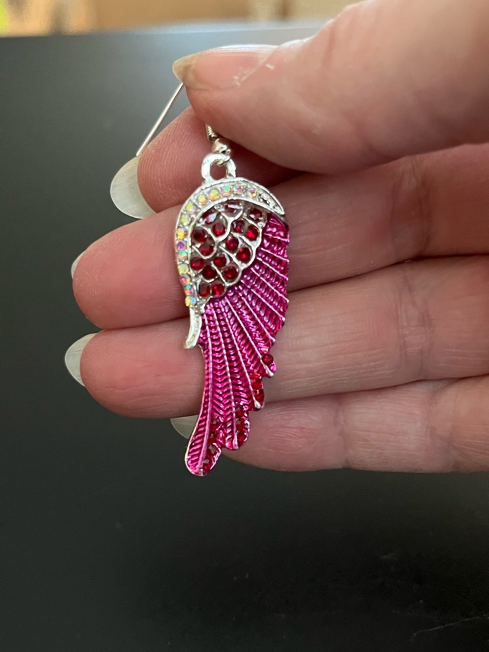 Dark Pink, Red and Silver Angel Wing Drop Earrings   NWT. - Picture 6 of 9